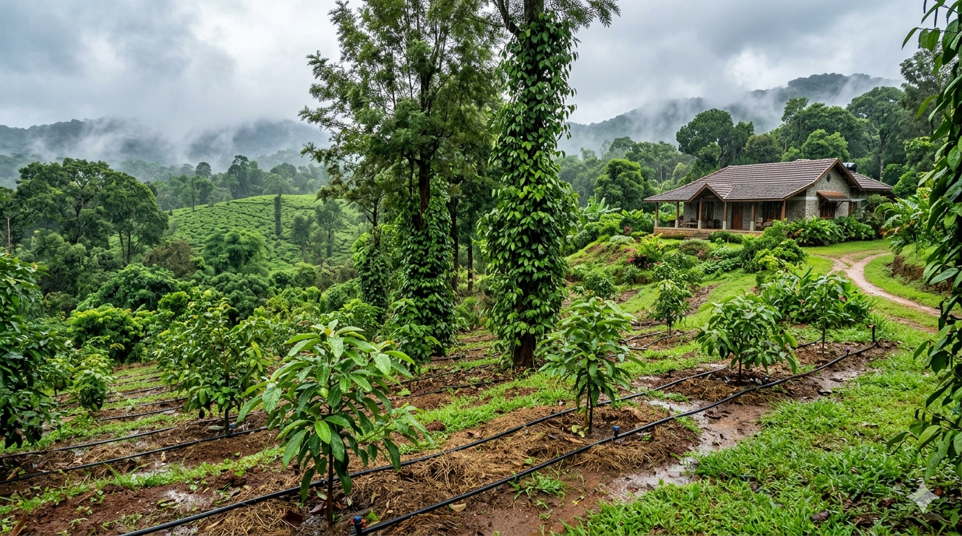 A lush agroforestry fruit orchard in Coorg featuring young avocado saplings with visible drip irrigation lines, towering trees with pepper vines, and a rustic managed farmhouse nestled in the misty, green hills of Madikeri.