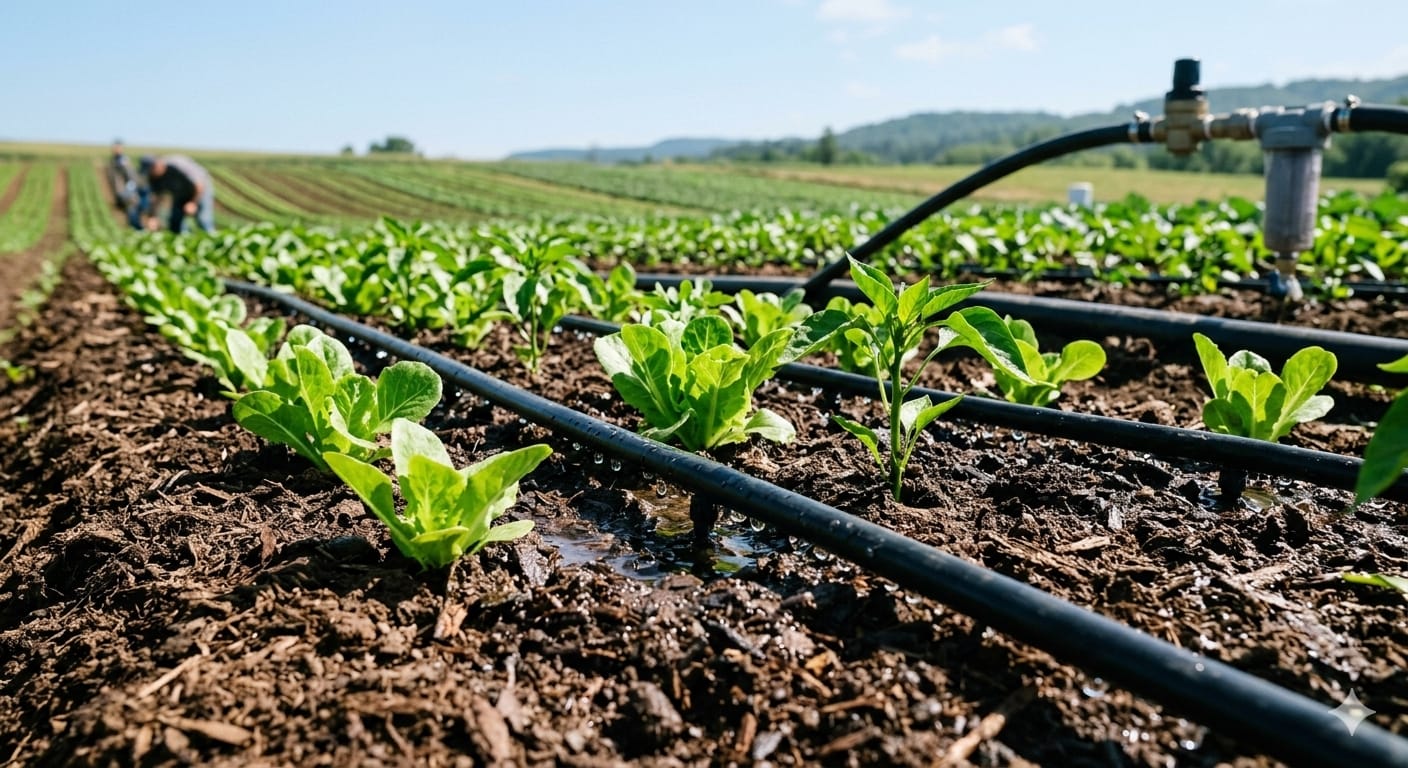 Drip irrigation system watering vegetable crops in farmland